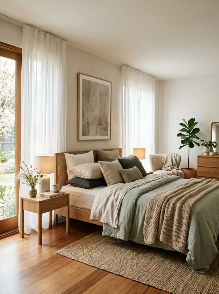 Dreamy minimalist bedroom with sheer curtains, layered bedding, and soft natural lighting