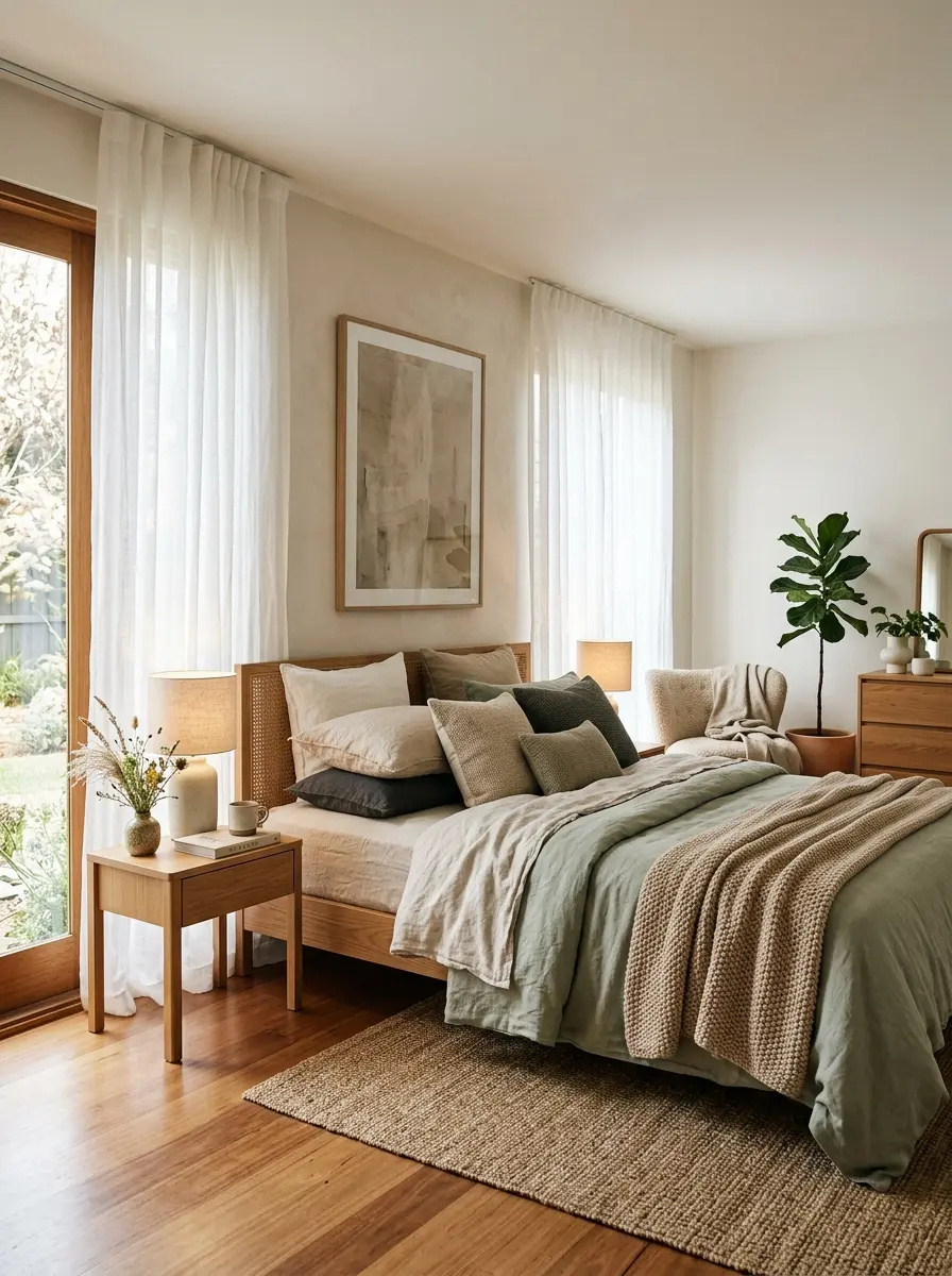 Dreamy minimalist bedroom with sheer curtains, layered bedding, and soft natural lighting