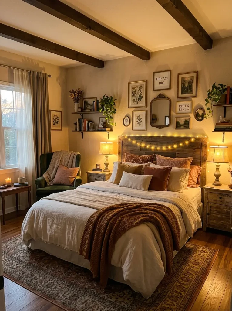 A warm inviting bedroom with fluffy bedding, timeless decor, and golden ambient lighting.