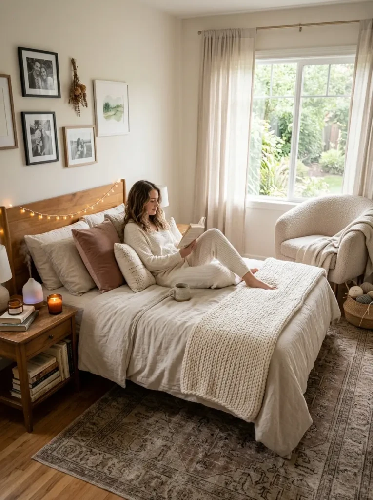 A dreamy cozy bedroom with calming scents, layered textures, and elegant personal touches.