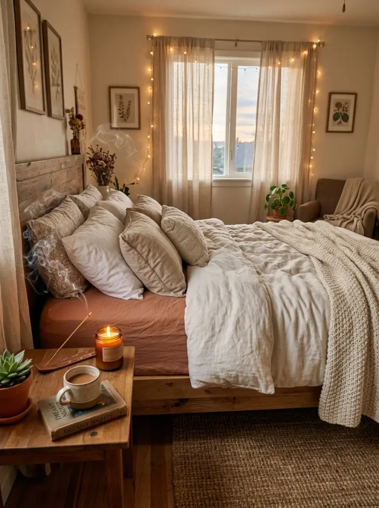 Aesthetic bedroom with incense smoke, candles, and layered cozy bedding