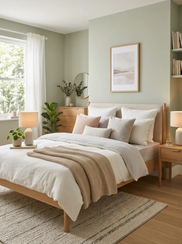 Bedroom styled with a cohesive neutral and pastel color palette for a calm and open feel