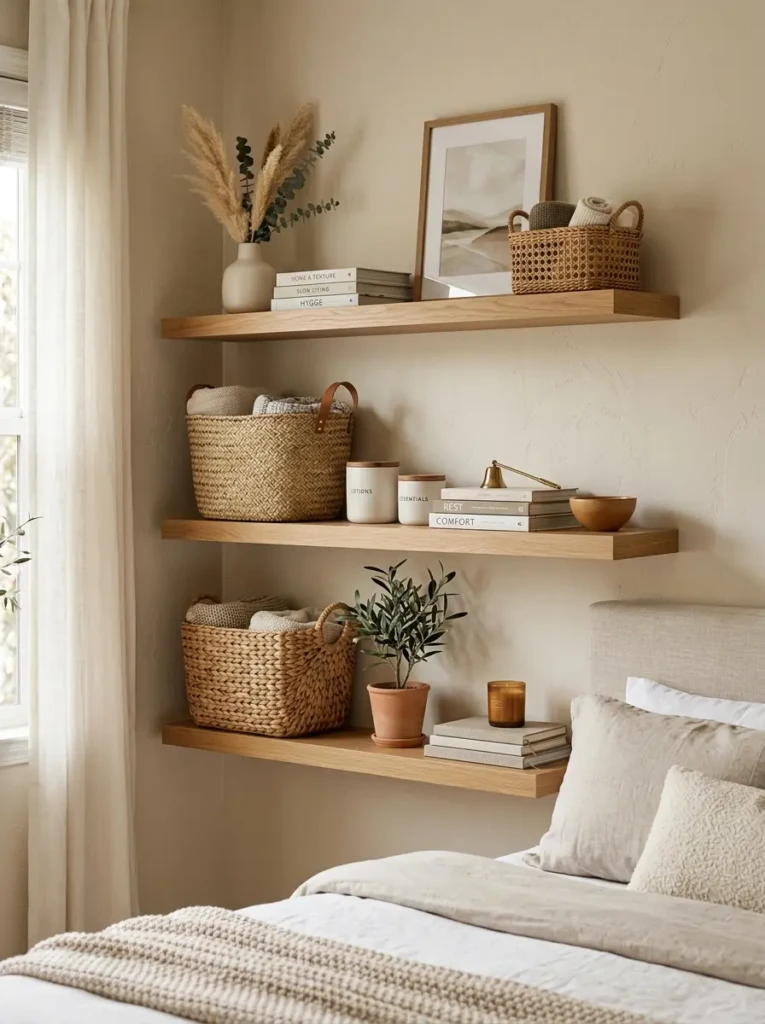 Modern bedroom shelves with woven baskets, layered textures, and minimalist decorative accents.
