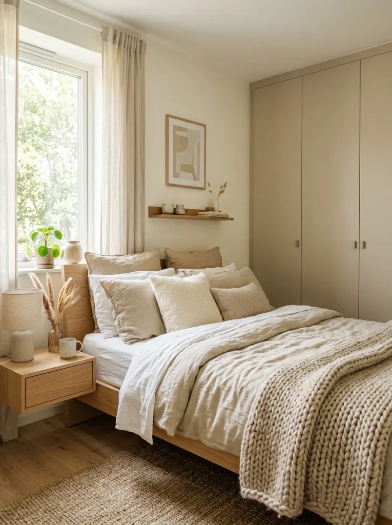Small bedroom in beige and ivory tones with layered bedding, light wood furniture, and seamless closet styling.