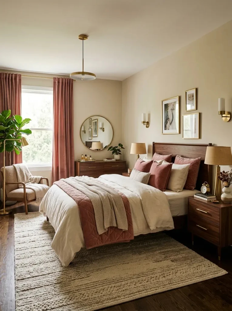 Elegant bedroom with walnut furniture, brass accents, and rose-toned curtains