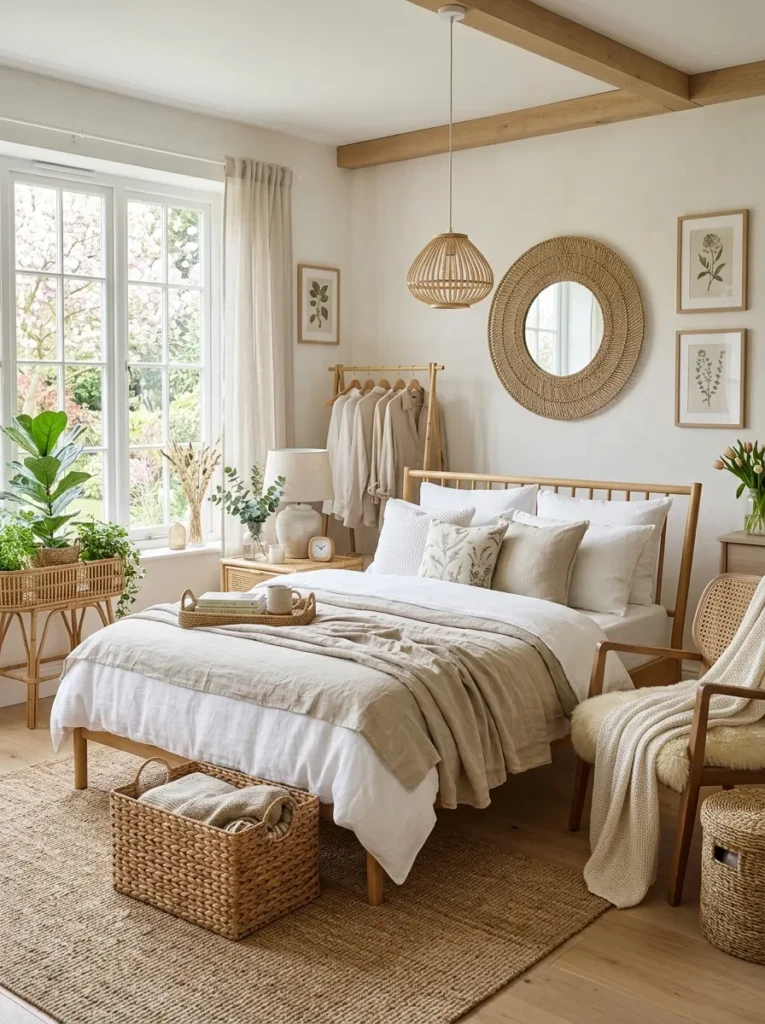 Airy bedroom with bamboo decor, wicker accents, and organic textures