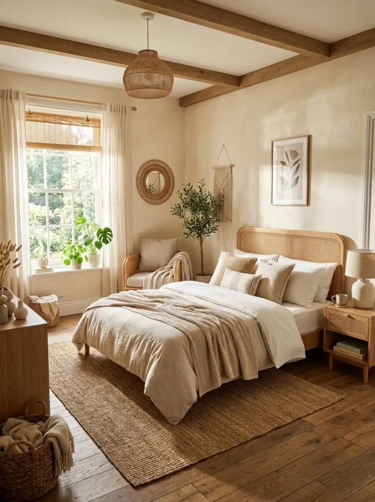 Bedroom with jute rug, cane furniture, earthy neutral palette, and soft sunlight.