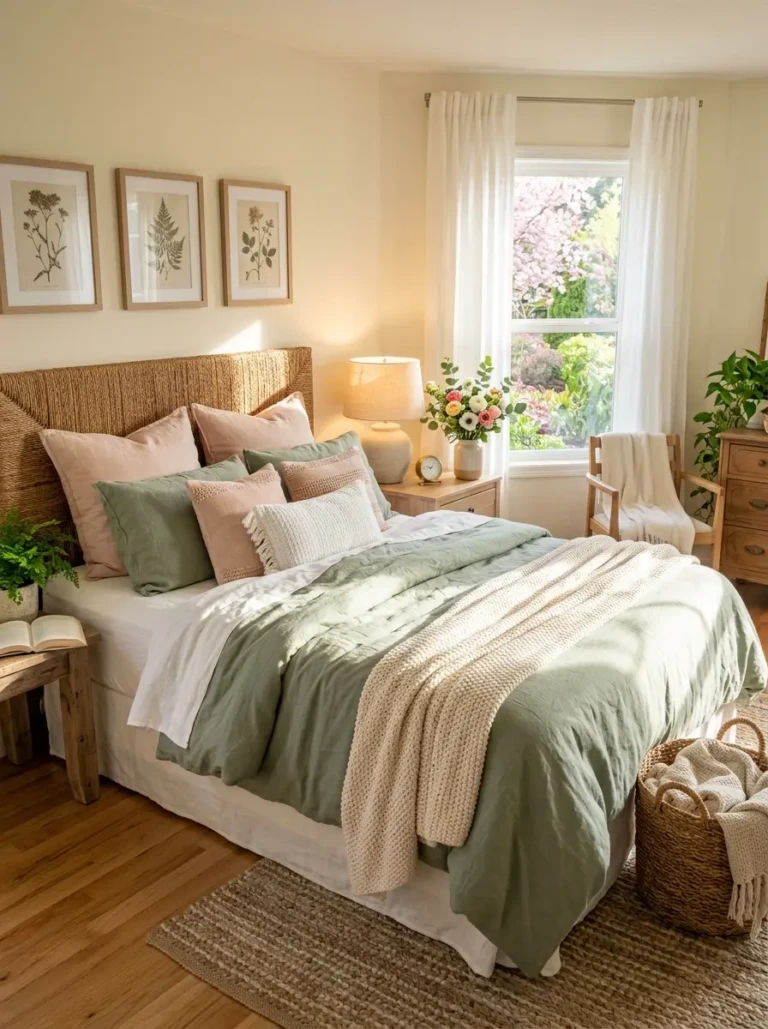 Beautiful spring bedroom with sage green accents, blush pillows, and natural sunlight