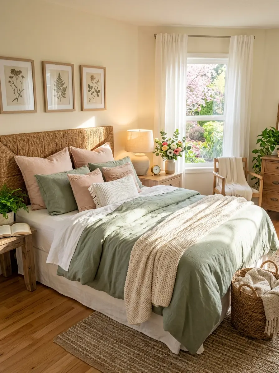 Beautiful spring bedroom with sage green accents, blush pillows, and natural sunlight