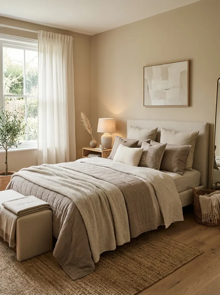Sophisticated tonal bedroom featuring beige and taupe layered bedding with elegant textures