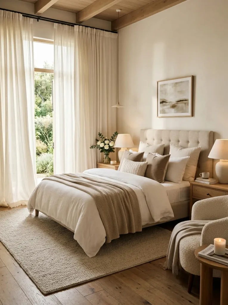 Luxury bedroom with ivory curtains, warm lighting, and calming decor