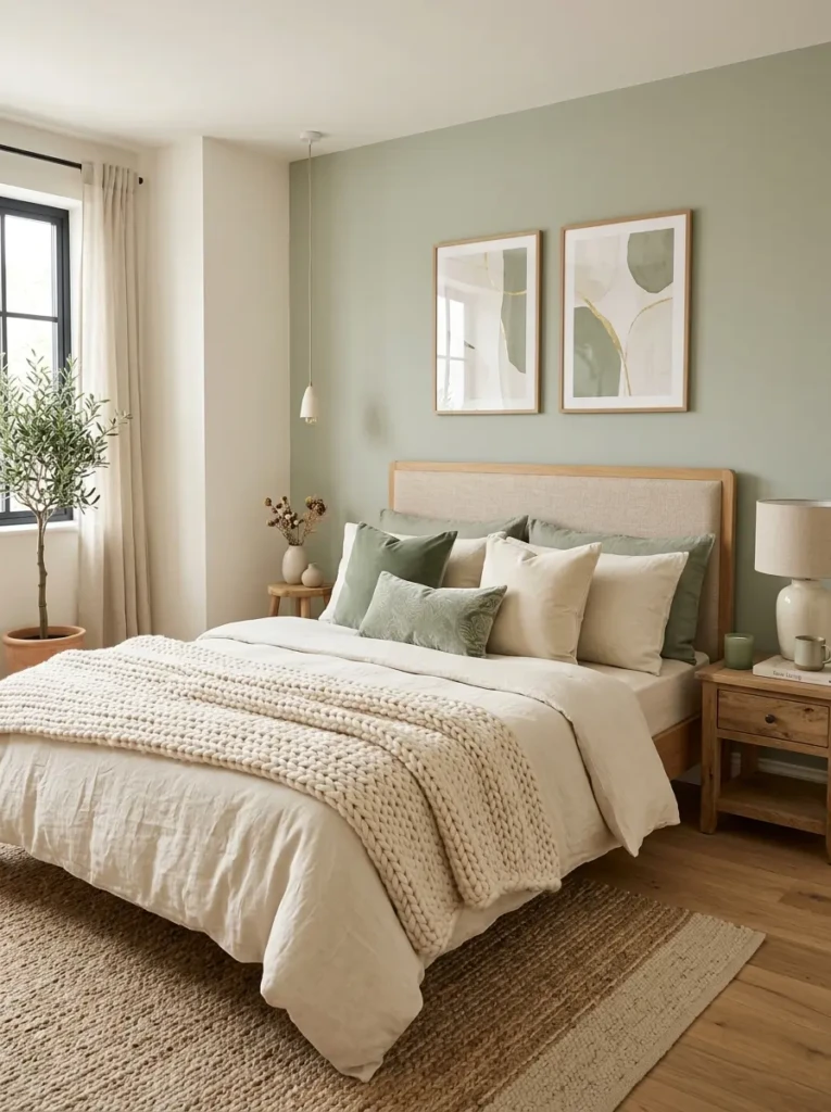 Cozy linen bedding with chunky knit throws, velvet cushions, and sage green accents in a modern bedroom.