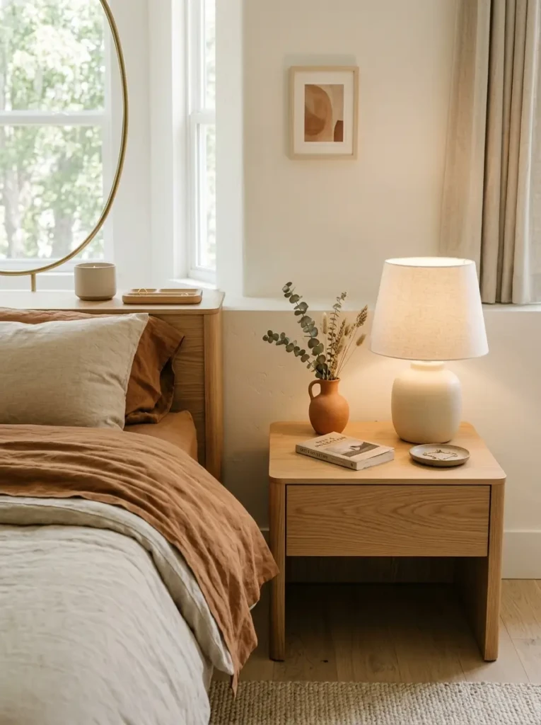 Bedroom surfaces styled with minimal decor and balanced empty space