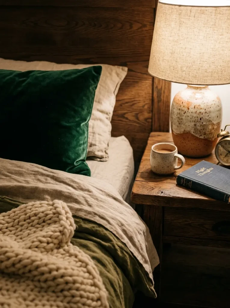 Close-up of cozy bedroom textures including linen, wood, and velvet