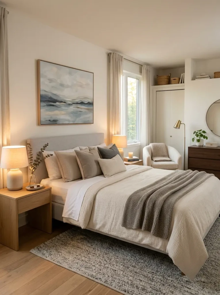 Elegant tidy bedroom with warm lighting and relaxing cozy atmosphere