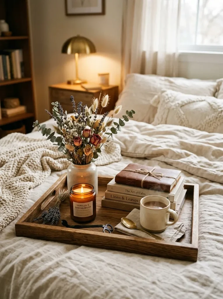 Decorative bedroom tray with candles, books, dried flowers, and cozy warm decor.