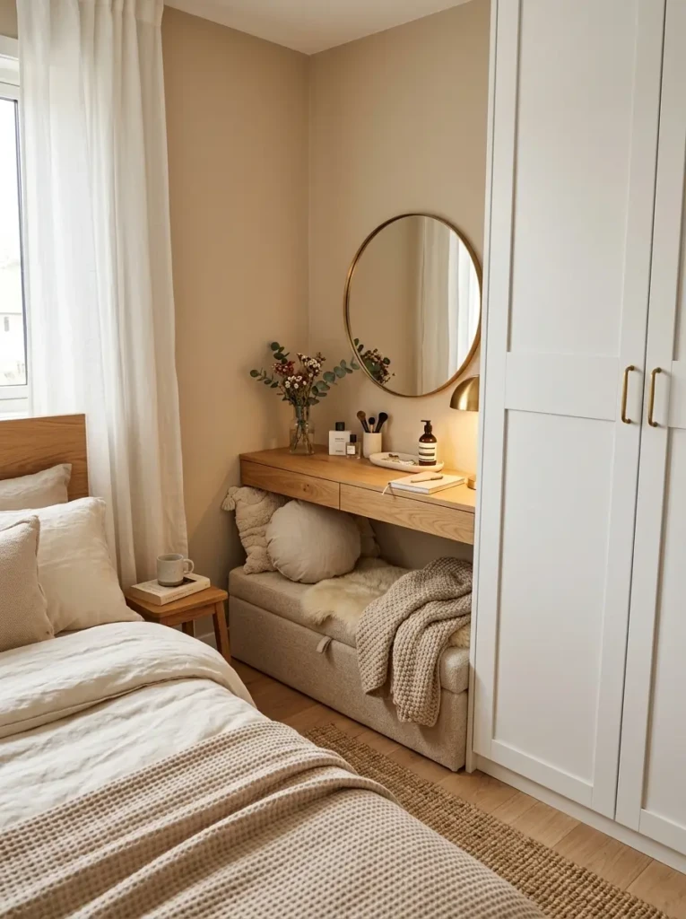 Tiny bedroom nook beside closet transformed into a cozy vanity area with mirror and soft lighting.