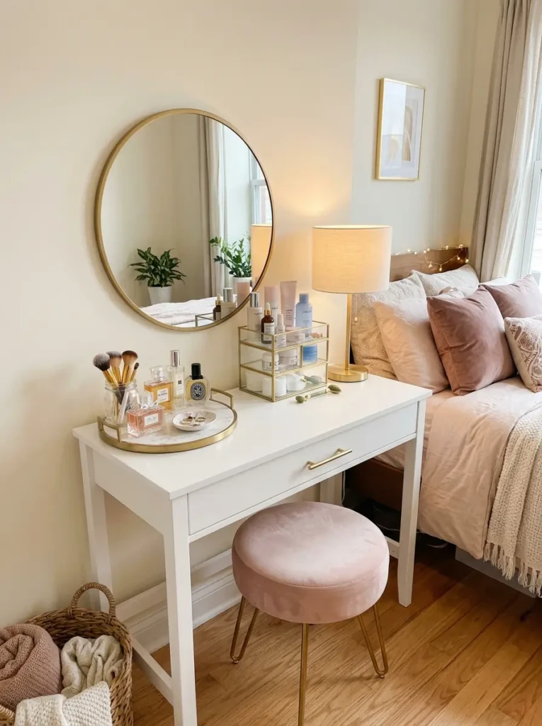 Tiny feminine bedroom vanity with round mirror, velvet stool, and soft lighting