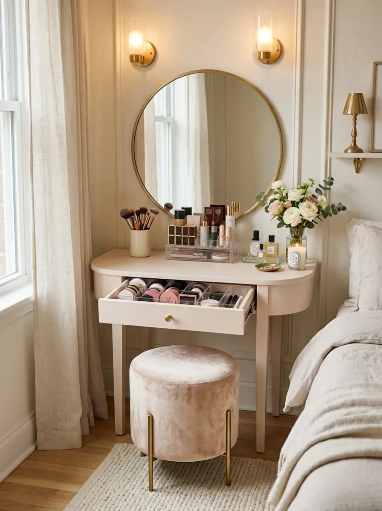 Small bedroom vanity with round mirror, warm lighting, makeup organizers, and soft stool.