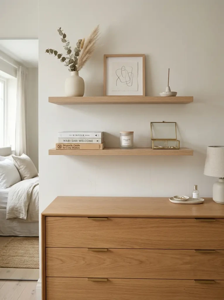 Pale oak floating shelves styled with books, candles, art, and small bedroom storage accents.