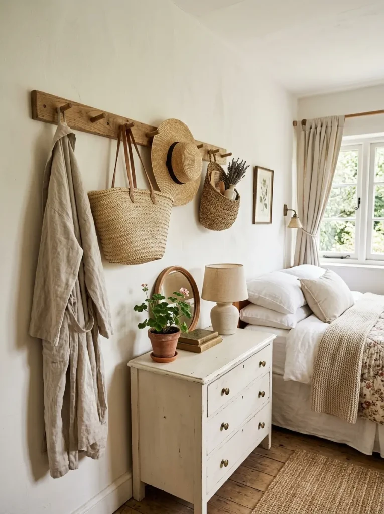 Wooden peg rail holding a linen robe, woven tote, straw hat, and hanging basket.