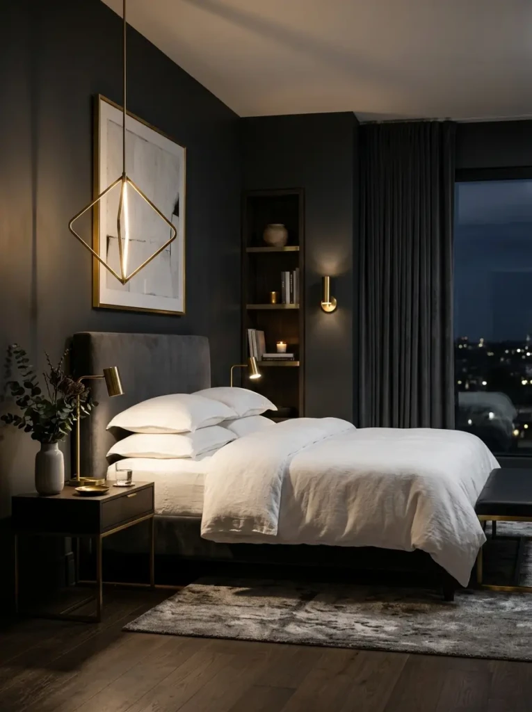 A moody bedroom with dark charcoal walls, crisp white bedding, and gold accents creating a luxurious and dramatic ambiance.
