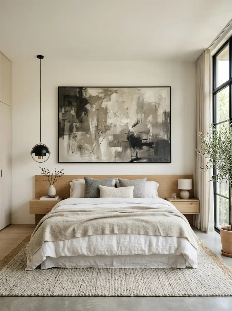Elegant minimalist bedroom with oversized abstract artwork and clean modern styling