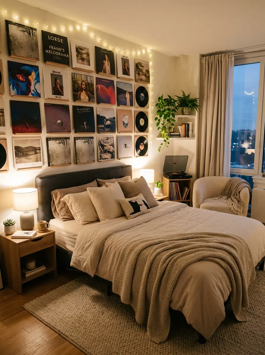 A warm, cozy bedroom featuring a wall filled with stylish album cover decor and soft ambient lighting.