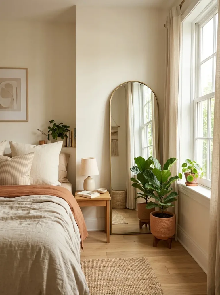 Bright small bedroom with arched mirror near window reflecting natural light across the room.