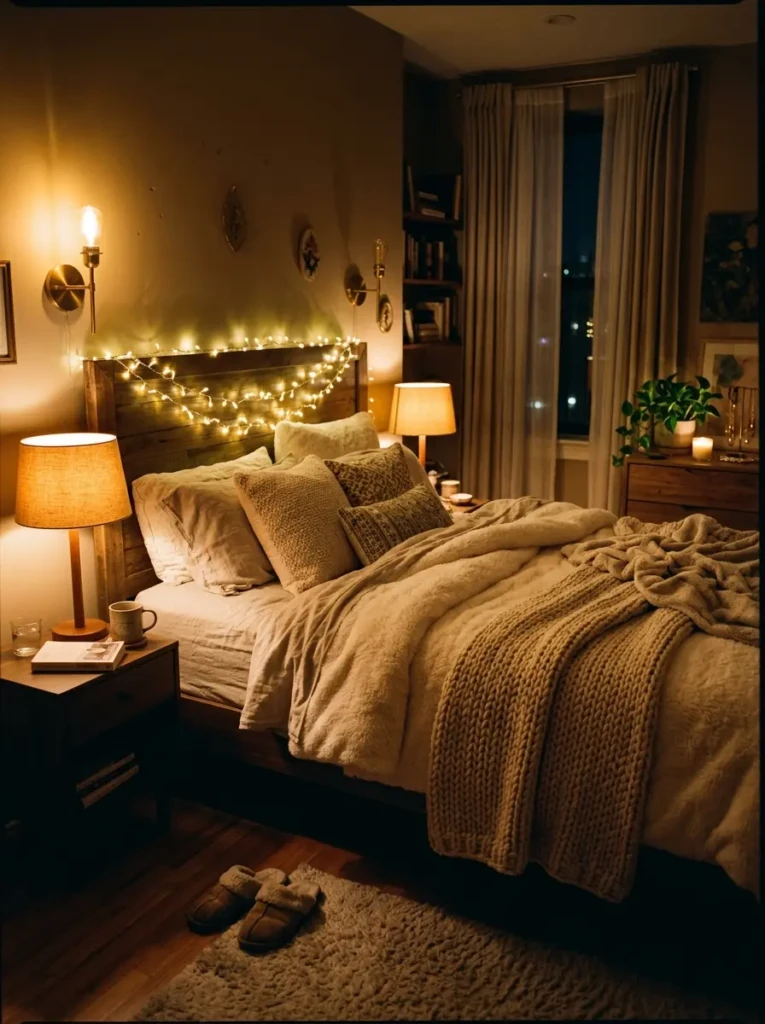 Dreamy bedroom with glowing bedside lamps, fairy lights, and cozy nighttime atmosphere