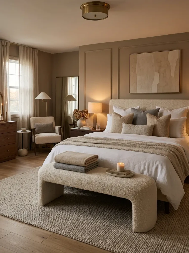 Elegant boucle bench placed at the foot of a cozy layered bed in a modern bedroom
