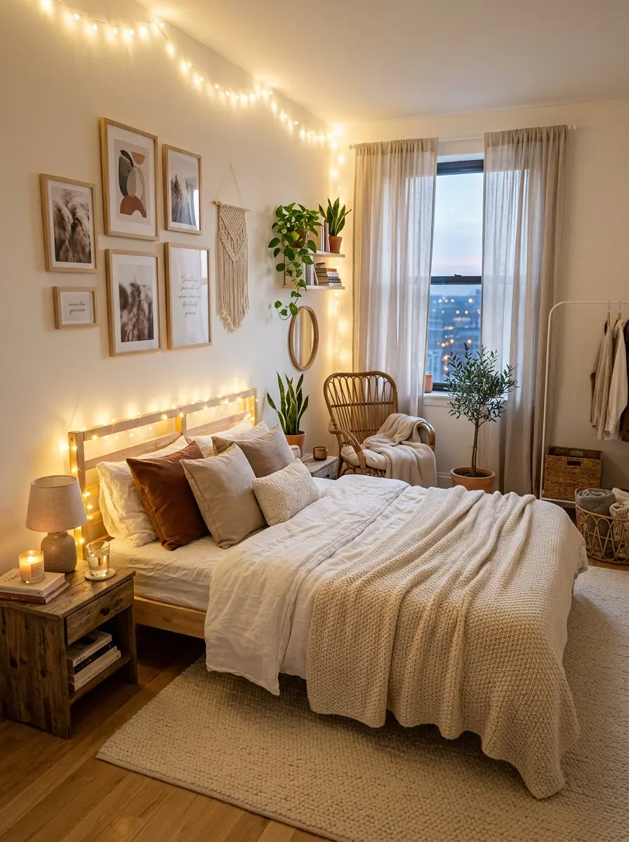 Elegant cozy bedroom with fairy lights, soft textures, and warm inviting atmosphere