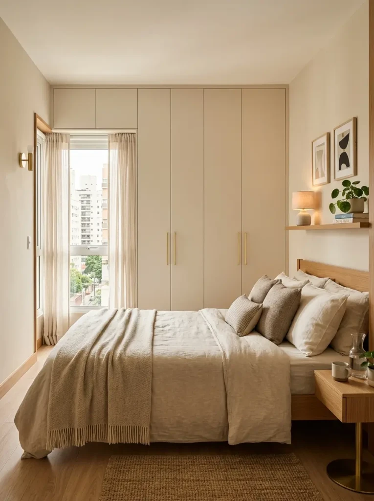 Compact bedroom with custom wall-to-wall built-in closets and cozy neutral interior styling.