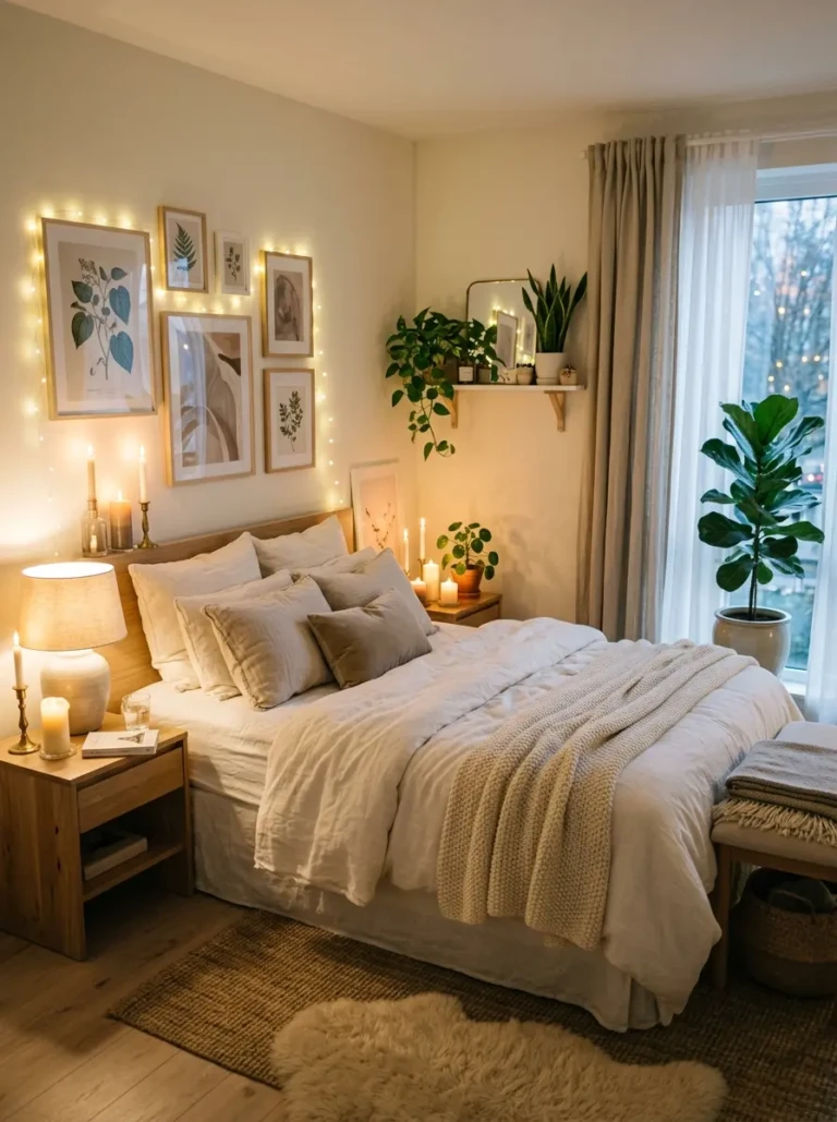 Elegant cozy bedroom with candles, soft bedding, plants, and warm inviting lighting.