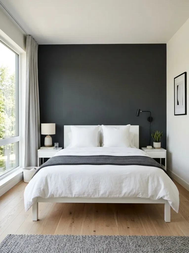 Modern bedroom featuring a dark grey accent wall paired with white bedding and light decor for a balanced contrast