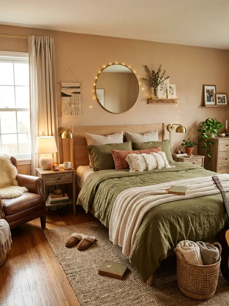 A beautifully styled bedroom with earthy colors and elegant decor.