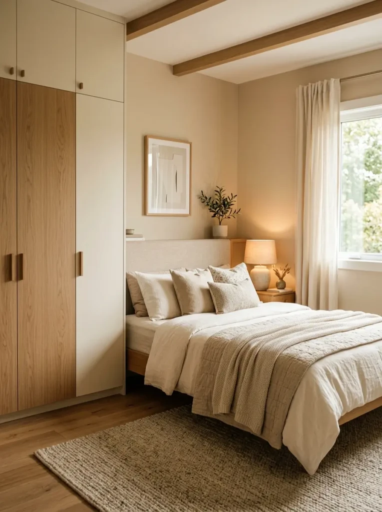Harmonious small bedroom featuring matching beige tones, integrated closet design, and layered textures.