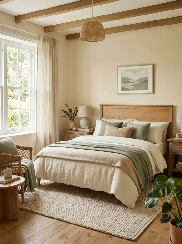 Serene bedroom with sage green, cream tones, wood textures, and soft bedding