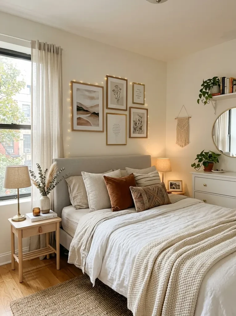 Beautiful small bedroom featuring affordable decor upgrades and timeless cozy styling.
