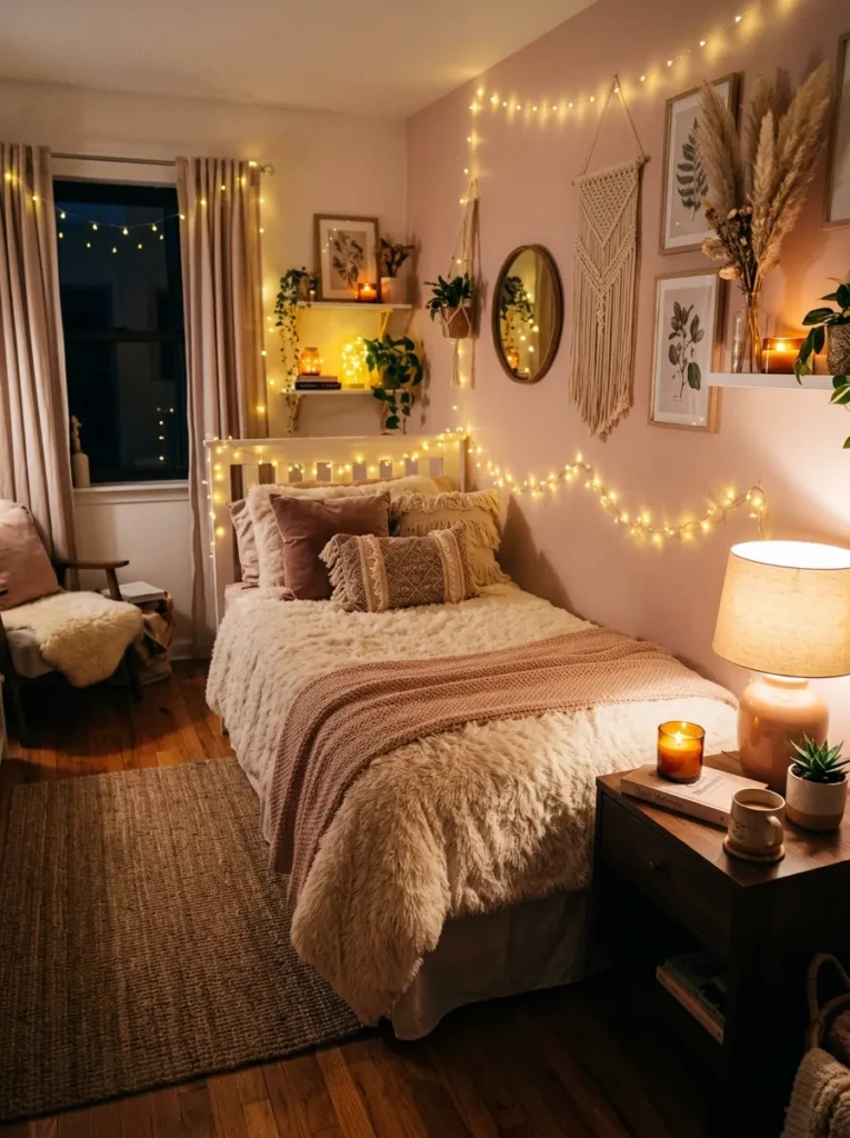 Cozy small bedroom decorated with fairy lights and warm bedside lamps