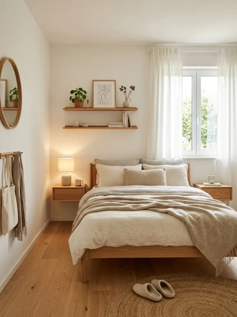 Compact bedroom with floating nightstands, wall shelves, and clean Scandinavian-inspired design.