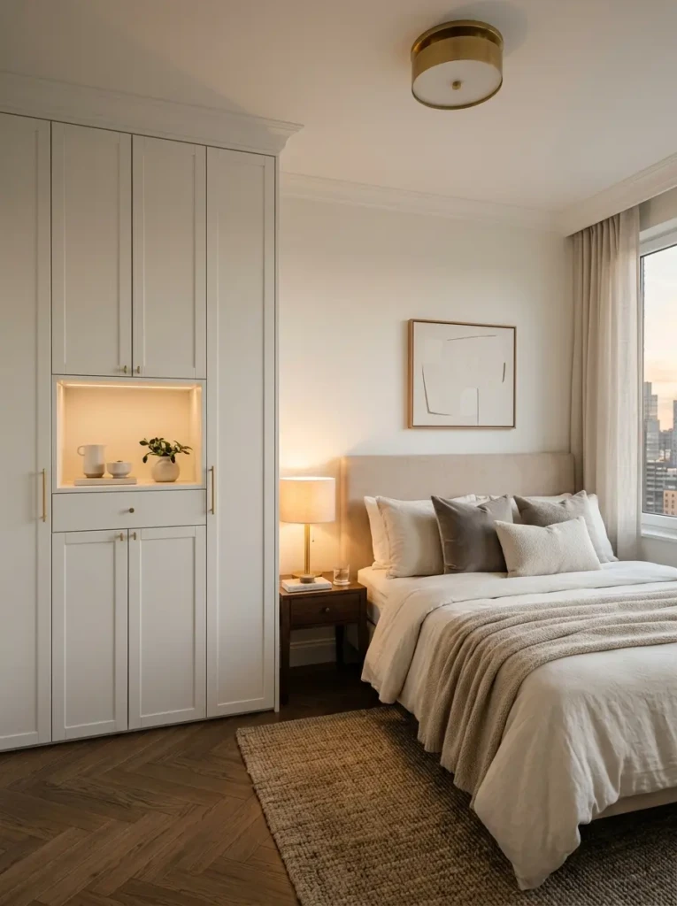 Small bedroom with a sleek floor-to-ceiling wardrobe, cozy neutral bedding, and warm lighting.