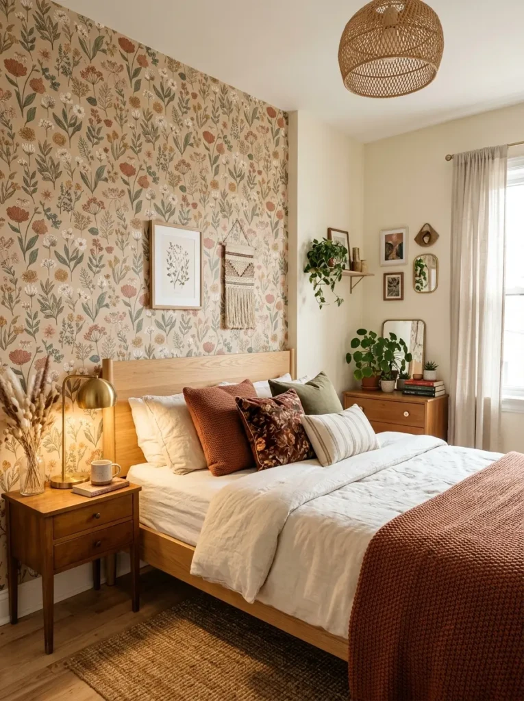 Stylish bedroom featuring floral peel-and-stick wallpaper and warm cozy decor
