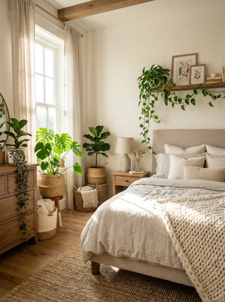 Neutral cozy bedroom with trailing plants and woven basket accents