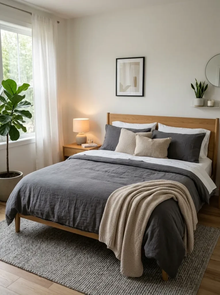 A modern bedroom featuring grey bedding, white sheets, and neutral cushions for an effortless and cohesive look.