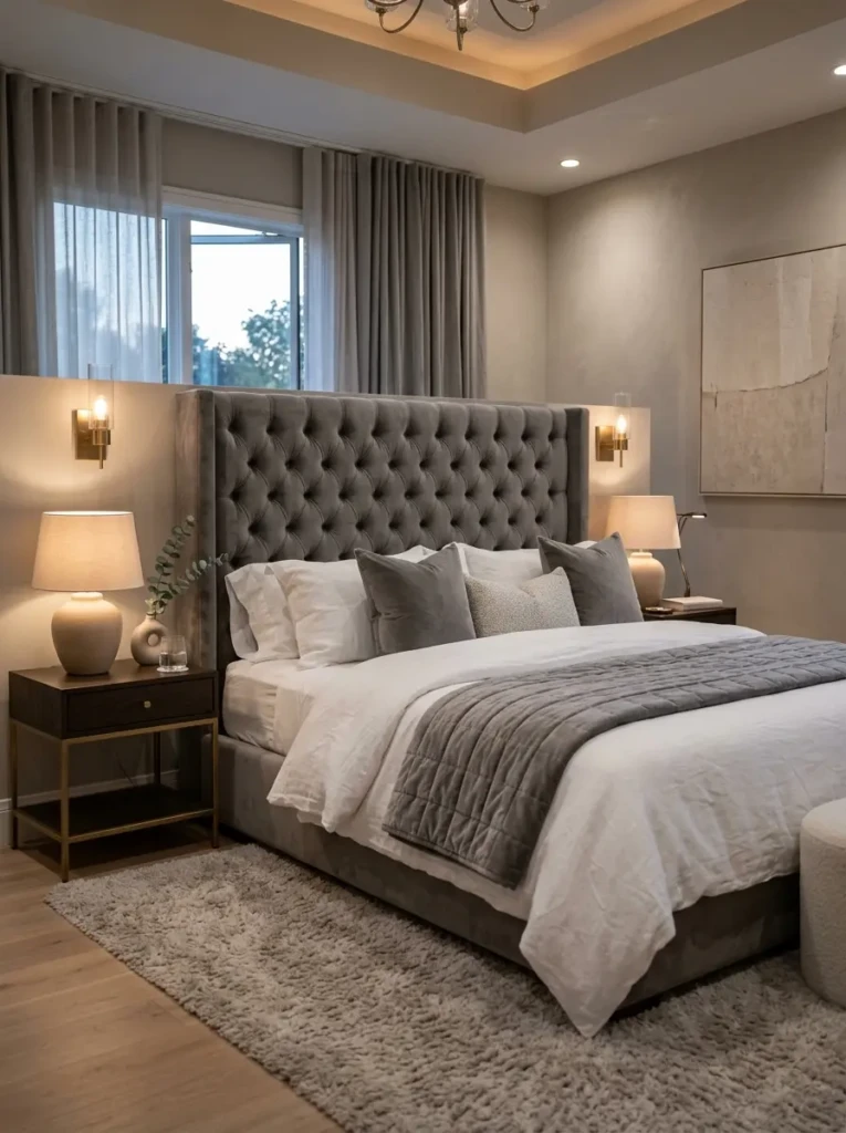 A bedroom featuring a large upholstered grey headboard, soft bedding, and minimal decor creating a stylish focal point.
