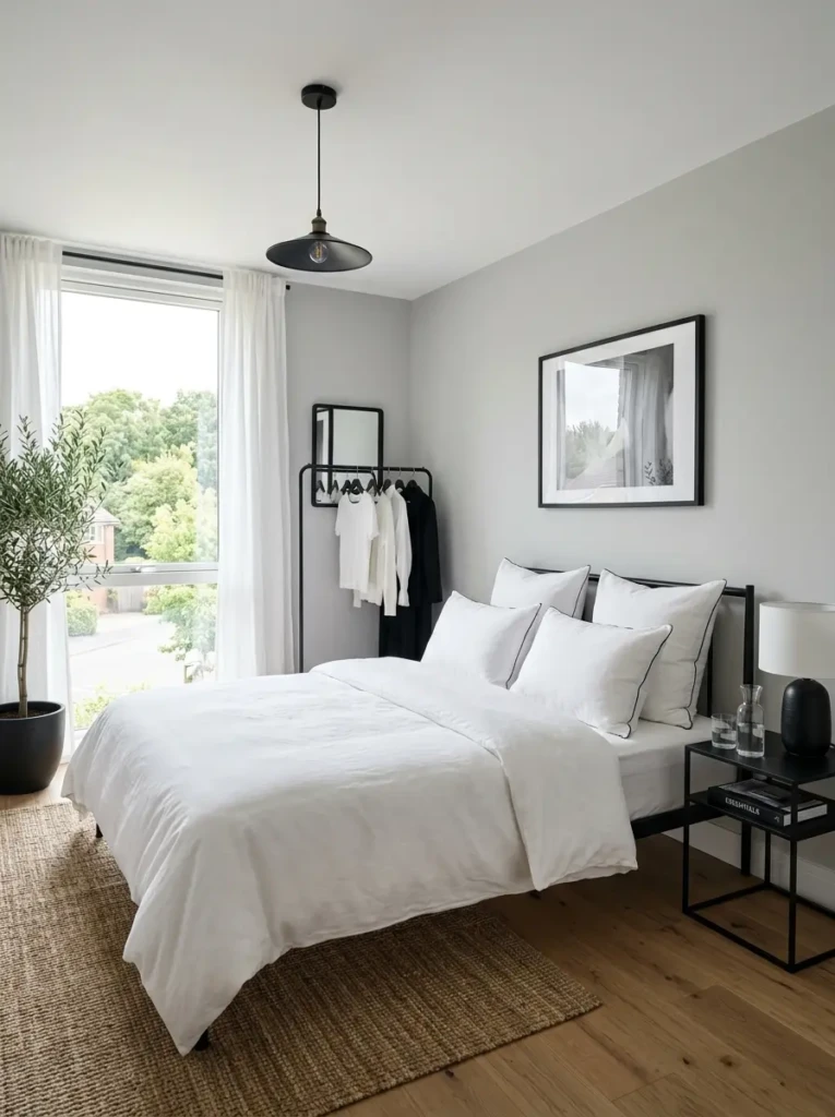A bright bedroom with grey walls and crisp white bedding, accented with minimal decor for a clean and timeless look.