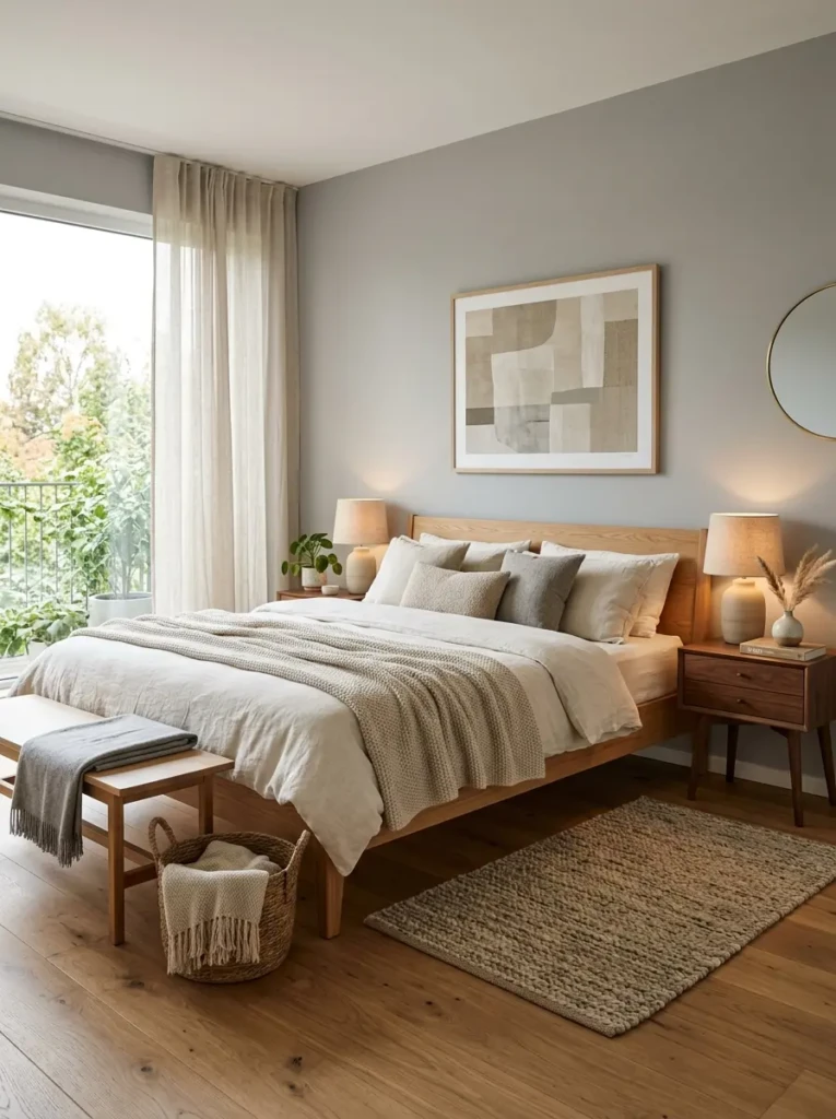 A stylish grey bedroom featuring warm wooden furniture, beige accents, and soft lighting for a cozy and balanced interior design.