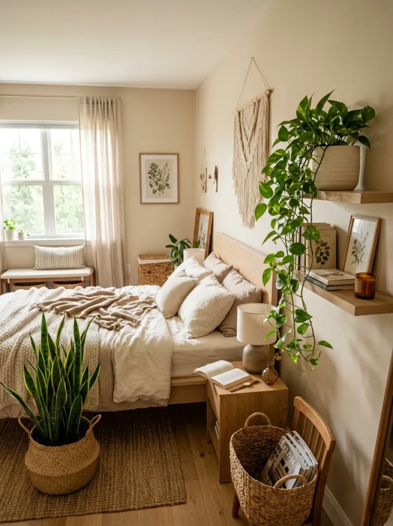 Cozy bedroom with pothos, snake plant, ceramic pots, woven baskets, and warm neutral styling.