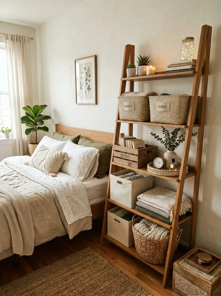 Bedroom featuring ladder shelves, wooden crates, and stylish neutral storage bins.